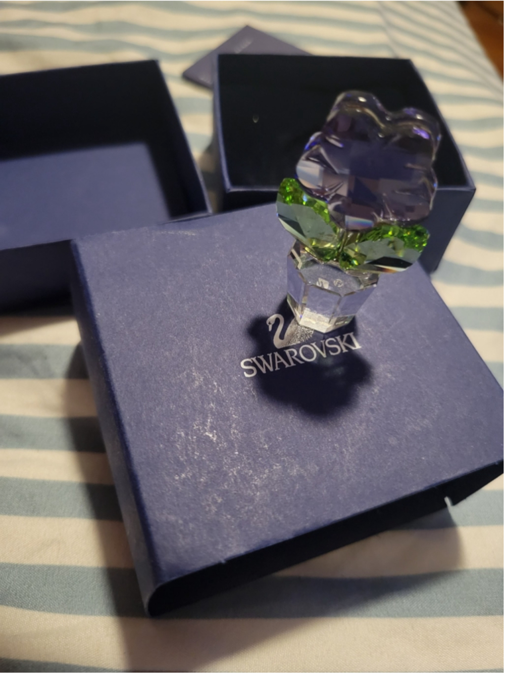 Swarovski Violet Crystal Flower Figurine with Green Leaves